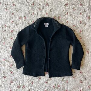 Black wool button-up cardigan with floral embroidery